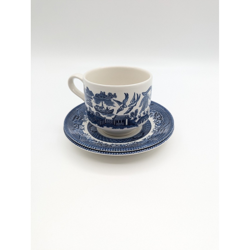 Churchill England Blue Willow Tea Cup and 2 Saucers Set Blue White Transferware